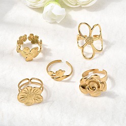 Настоящее золото 18K 5 шт. 304 открытые манжеты из нержавеющей стали для женщин, ионное покрытие (ip), цветок, реальный 18 k позолоченный, 5~30 мм, внутренний диаметр: 16.6~18.4 мм