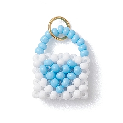 Светло-Голубой Подвески для сумочек из стеклянного бисера, с 304 нержавеющей стали, золотые, Небесно-голубой, 17.5x14.5x4.5 мм, Перейти кольцо: 4x0.5 мм, внутренний диаметр: 3.5 мм