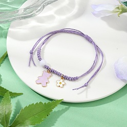 Средний Фиолетовый Браслеты с подвесками из сплава с эмалью в виде цветка и медведя, Браслеты из плетеных бусин из вощеного хлопкового шнура для женщин, с акриловым шарик, золотые, средне фиолетовый, внутренний диаметр: 3/4~3-7/8 дюйм (2~9.7 см)