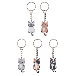 Mixed Color Cat Acrylic Keychain, with Iron Rings, Mixed Color, 9.2~9.35cm