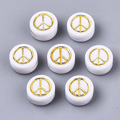 White Opaque Acrylic Beads, Flat Round with Peace Sign, Golden Plated, White, 7x4mm, Hole: 1.6mm, about 3700pcs/500g