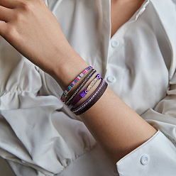 Темно-Фиолетовый Многорядные браслеты из искусственной кожи в стиле бохо для женщин, со сплавочной фурнитурой со стразами, темно-фиолетовый, 7-7/8 дюйм (20 см)