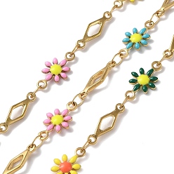 Разноцветный Ионное покрытие (IP) золотое 304 цепи из нержавеющей стали в виде цветка и ромбовидных звеньев, с эмалью, пайки, с катушкой, красочный, 12.5x7x1.8 мм, 13x3.8x1 мм