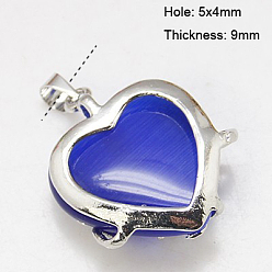 Blue Cat Eye Pendants, with Brass Findings, Heart, Platinum Color, Blue, 23x21x9mm, Hole: 5x4mm