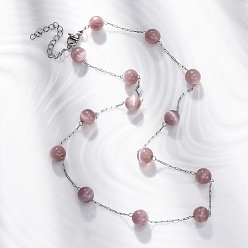 Розово-Коричневый 304 круглые бусины кошачий глаз из нержавеющей стали, ожерелья ручной работы для женщин, цвет нержавеющей стали, розово-коричневый, 17.01 дюйм (43.2 см)