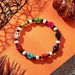 (52) Непрозрачная лаванда Браслеты из синтетической бирюзы и стеклянных бусин, эластичные браслеты для женщин, череп, разноцветные, внутренний диаметр: 1-3/8 дюйм (3.4 см)