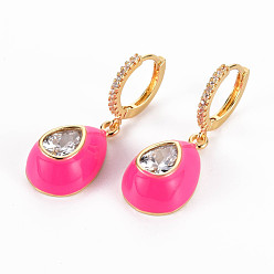 Ярко-Розовый Серьги-кольца из латуни с микропаве из прозрачного кубического циркония, с эмалью, без никеля , слеза, золотые, ярко-розовый, 33 мм, штифты : 1 мм
