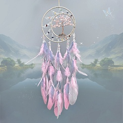 Pink Плетеная сетка/паутина с подвесками из перьев, с плоским круглым с деревом жизни натуральный розовый кварцевый чип для подвесных украшений в салоне автомобиля, розовые, 720 мм