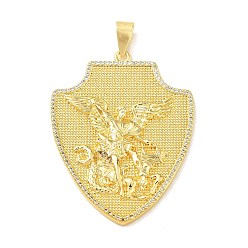 Настоящее золото 18K Религиозные латунные микропаве прозрачные кубические цирконии большие подвески, Щит с амулетами Святого Михаила, истребителя драконов., стойки покрытие, долговечный, без кадмия и без свинца, реальный 18 k позолоченный, 51x40x4 мм, отверстие : 9x5 мм