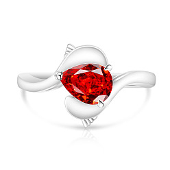 Red Brass Pave Single Cubic Zirconia Finger Rings, Teardrop, Platinum, Red, 15~20mm