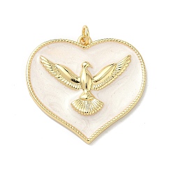 Белый Латунь эмаль подвески, Сердце с подвесками в виде голубя, долговечный, без кадмия и без свинца, стойки покрытие, реальный 18 k позолоченный, белые, 28.5x30x3.5 мм, Перейти кольцо: 5x1 мм, внутренний диаметр: 3 мм