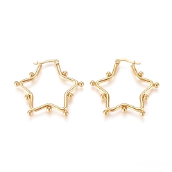 Golden 304 Edelstahl Creolen Ohrstecker , hypoallergene Ohrringe, mit runden Perlen, Stern, golden, 34.5x37.5x3 mm, Stift: 0.5x0.9 mm