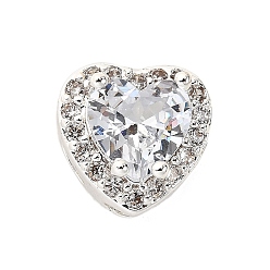 Сердце Латунные микро проложить кубического циркония бусы, серебряные, сердце, 9x9.5x7 мм, отверстие : 2x3 мм
