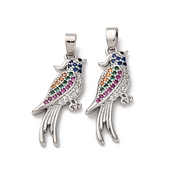 Платинированный Латунные микро проложить кубического циркония подвески, без кадмия, без никеля и без свинца, подвески в виде попугаев, Реальная платина, 27x12x3 мм, отверстие : 5x2.5 мм