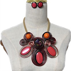 Малиновый Ожерелья с подвесками в виде овальных бусин из алюминиевой проволоки и комплекты плоских круглых серег-гвоздиков, малиновый, 390 мм