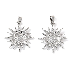 Платина Латунные микропаве прозрачные подвески с фианитом, солнечные чары, долговечный, платина, 22x20x2.5 мм, отверстие : 4x2.5 мм