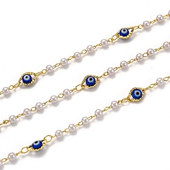 Blue Handmade Brass Chains, with Acrylic Imitation Pearl, Lampwork and Spool, Long-Lasting Plated, Soldered, Evil Eye, Golden, Blue, Link: 2.6x1.8x0.3mm