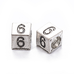 Number Сплавочные европейские бусины, бусины с большим отверстием, куб с номером, античное серебро, кол. 6, 7x7x7 мм, отверстие : 5 мм