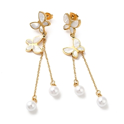 Золотой Ионное покрытие (ip) 304 серьги-гвоздики в форме бабочки из нержавеющей стали, серьги с кисточками из натуральных ракушек и пластика, белые, 66x17 мм