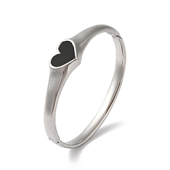 Черный Сердце 304 женские браслеты на шарнирах из нержавеющей стали с паве-ракушкой, цвет нержавеющей стали, чёрные, 1/2 дюйм (1.4 см), внутренний диаметр: 2x2-3/8 дюйм (5x6 см)