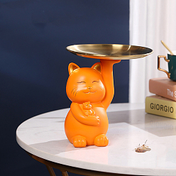 Темно-Оранжевый Скульптура кота из смолы с металлическим подносом, Ювелирная конфетница, декоративный поднос для ключей, украшение для дома, офиса, отеля, темно-оранжевый, 110x170 мм