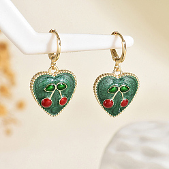 Зеленый Серьги-кольца из латуни с сердцем и вишней, реальный 18 k позолоченный, зелёные, 30x18 мм