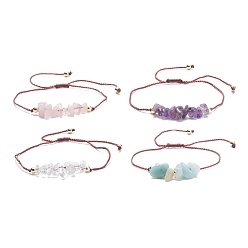Mixed Stone 4Pcs 4 Style Chips Natural Mixed Beaded Bracelets Set with Brass Beads, Adjustable Bracelets for Women, Inner Diameter: 3/8~2-5/8 inch(1.1~6.7cm), 4Pcs/set