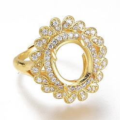 Golden Adjustable Brass Micro Pave Clear Cubic Zirconia Finger Ring Components, 4 Claw Prong Ring Settings, Long-Lasting Plated, Flower, Clear, Golden, US Size 8 1/4, Inner Diameter: 18.4mm, Tray: 12x10mm