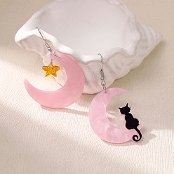 Pink Акриловые серьги с подвесками ко Дню святого Валентина, луна в форме кошки и звезда, слева и справа, платина, розовые, 62x31 мм
