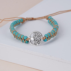 Синтетическая Бирюза Синтетические бирюзовые круглые плетеные браслеты из бисера, сплав древо жизни браслеты для мужчин и женщин, античное золото , 6-3/4 дюйм (17 см)