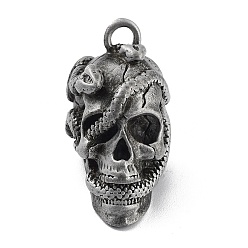 Antique Silver Tibetan Style Alloy Pendant, Frosted, Skull with Snake Charm, Antique Silver, 38x19x27.5mm, Hole: 4.2mm