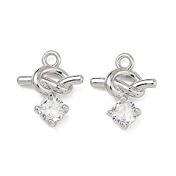 Платина Латунные микропаве прозрачные подвески с фианитом, подвески в виде закрученного узла и сердца, платина, 12.5x10x3 мм, отверстие : 1.5 мм