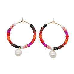 Красный Овальные серьги-кольца из нержавеющей стали с пресноводным жемчугом, со стеклянными бисеринами, золотые, красные, 45x30 мм