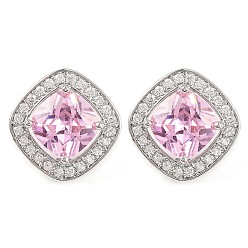 Pink Серьги-гвоздики с ромбами из кубического циркония, ювелирные изделия из латуни и платины для женщин, розовые, 15x15 мм
