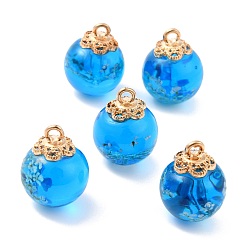 Deep Sky Blue Glass Dried Flower Big Pendants, with Alloy Findings, Round, Light Gold, Deep Sky Blue, 21x16mm, Hole: 2mm