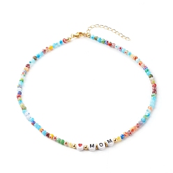 Colorful Beaded Necklaces, with Acrylic Beads, Brass Beads, Glass Beads, 304 Stainless Steel Findings & Brass Chain, Word Mom, Colorful, 15.35 inch(39cm)