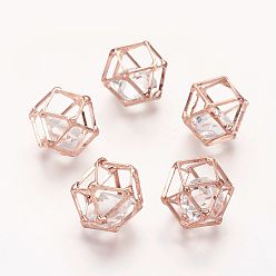 Roségold Messing Hohlkugeln Polygon, mit schwimmenden Glaskugeln im Inneren, cadmiumfrei und bleifrei, Roségold, 13x13x17 mm