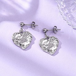 Платина Серьги-гвоздики из текстурированного сплава в форме сердца, С 304 результатами из нержавеющей стали, платина, 25.5x17.5 мм