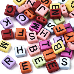 Mixed Color Opaque Acrylic Multi-Strand Links, for Tile Elastic Bracelets Making, Rectangle with Black Letter, Mixed Letters, Mixed Color, 8x8x4mm, Hole: 1.6mm, about 1950pcs/500g