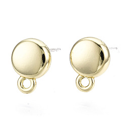 Light Gold Alloy Stud Earring Findings, with Loop and Steel Pin, Flat Round with Plastic Protective Sleeve, Light Gold, 10x7.5mm, Hole: 1.2mm, Pin: 0.7mm
