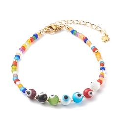 Colorful Beaded Bracelets, with Round Evil Eye Lampwork Beads & Frosted Glass Seed Beads, Golden, Colorful, 7-1/2 inch(19cm)