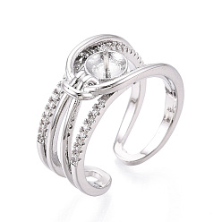 Платинированный Оправы для колец-манжет из латуни с микропаве из прозрачного кубического циркония, за половину пробурено бисера, без кадмия, без никеля и без свинца, Реальная платина, штифты : 0.9 мм, 10.9 мм, внутренний диаметр: регулируемый