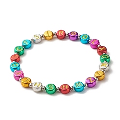 Colorful Flat Round with Letter Beaded Stretch Bracelet for Women, Stainless Steel Color, Colorful, Inner Diameter: 2-1/4 inch(5.7cm)