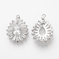 Platinum Alloy Cubic Zirconia Pendants, Drop, Platinum, 20x14x5mm, Hole: 1mm