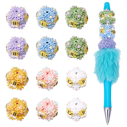 Mixed Color 12Pcs 6 Colors Handmade Polymer Clay Beads, Round with Flower & Bee, Mixed Color, 19x21x20.5mm, Hole: 2mm, 2pcs/color