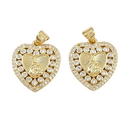 Настоящее золото 16K Латунные микропаве прозрачные подвески с фианитом, сердце, реальный 16 k позолоченный, 20x18x3 мм, отверстие : 3x4 мм