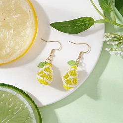 Желтый Серьги-подвески в форме лимона из стеклянных бусин ручной работы, с 304 нержавеющей стали серьги крючки, золотые, желтые, 47.5x15.5 мм