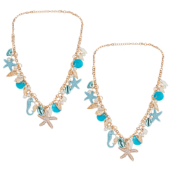 Светло-Голубой 2Подвесные украшения из сплава шт., Украшения из натурального жемчуга из ракушек, акрила и АБС-пластика для женщин, подвески в виде раковин, морских звезд, плоских круглых фигурок и морских коньков, Небесно-голубой, 19-7/8 дюйм (50.5 см)