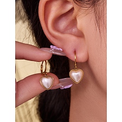 Золотой День святого Валентина 304 Серьги-застежки из нержавеющей стали, сердце, с пластиковыми бусинами из ракушек, золотые, 25.5x10.5 мм