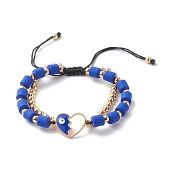 Blue Adjustable Nylon Thread Braided Bracelets, with Alloy Enamel Heart with Evil Eye Link, Handmade Polymer Clay & Brass Beads, Blue, 1/4 inch(0.6cm), Inner Diameter: 2-1/2 inch(6.3cm)
